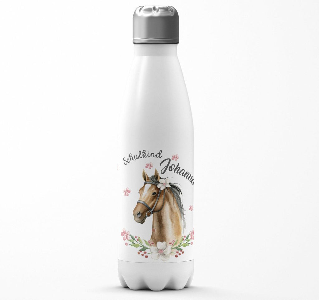 Thermo Trinkflasche Schulkind braunes Pferd mit Blumenranke und Wunschname - von Mikalino