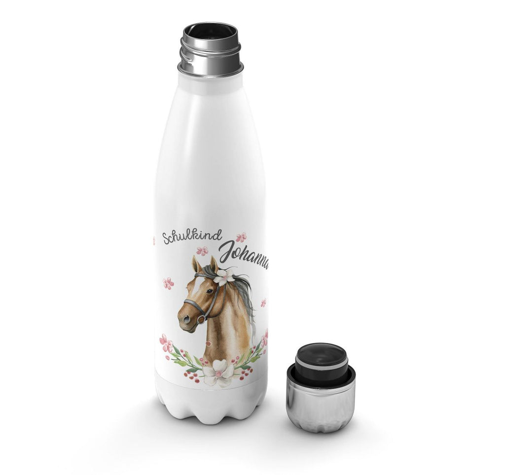 Thermo Trinkflasche Schulkind braunes Pferd mit Blumenranke und Wunschname - von Mikalino