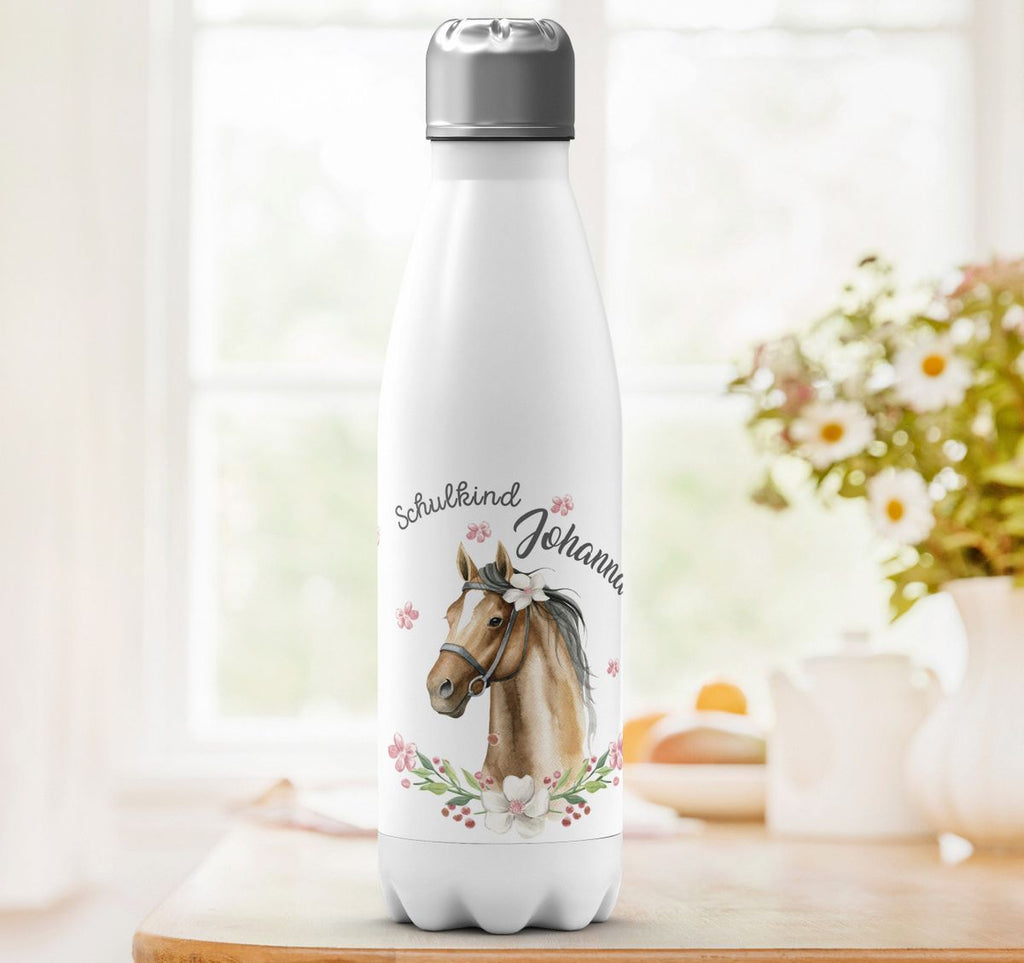 Thermo Trinkflasche Schulkind braunes Pferd mit Blumenranke und Wunschname - von Mikalino