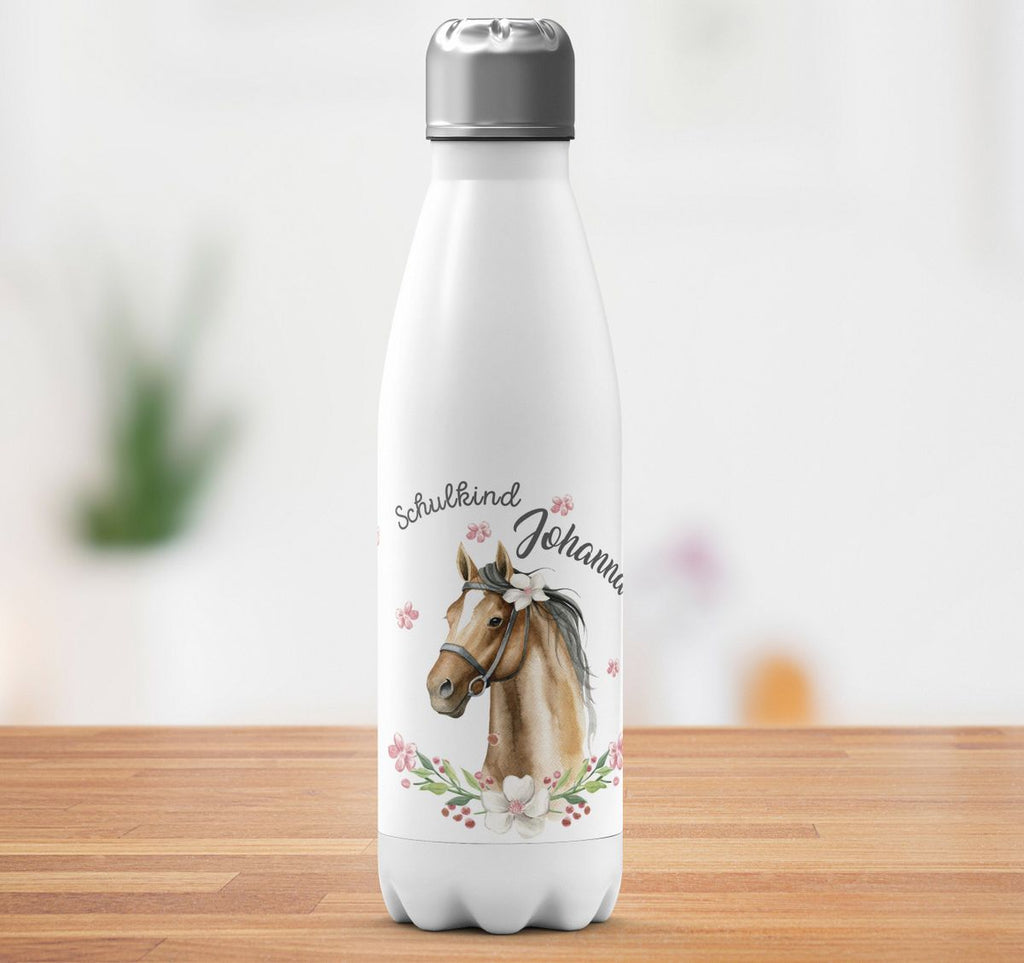 Thermo Trinkflasche Schulkind braunes Pferd mit Blumenranke und Wunschname - von Mikalino