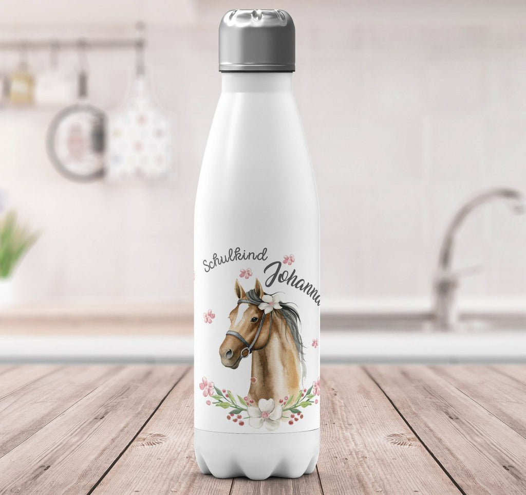 Thermo Trinkflasche Schulkind braunes Pferd mit Blumenranke und Wunschname - von Mikalino