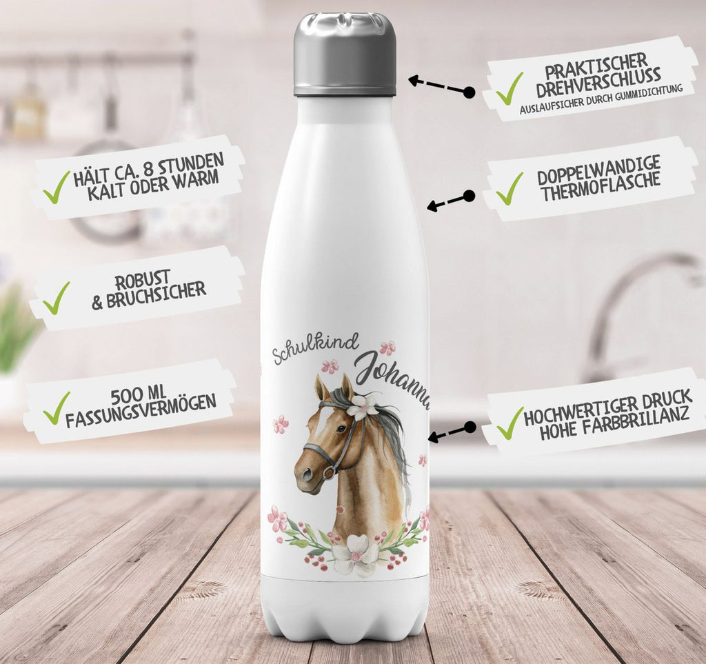 Thermo Trinkflasche Schulkind braunes Pferd mit Blumenranke und Wunschname - von Mikalino