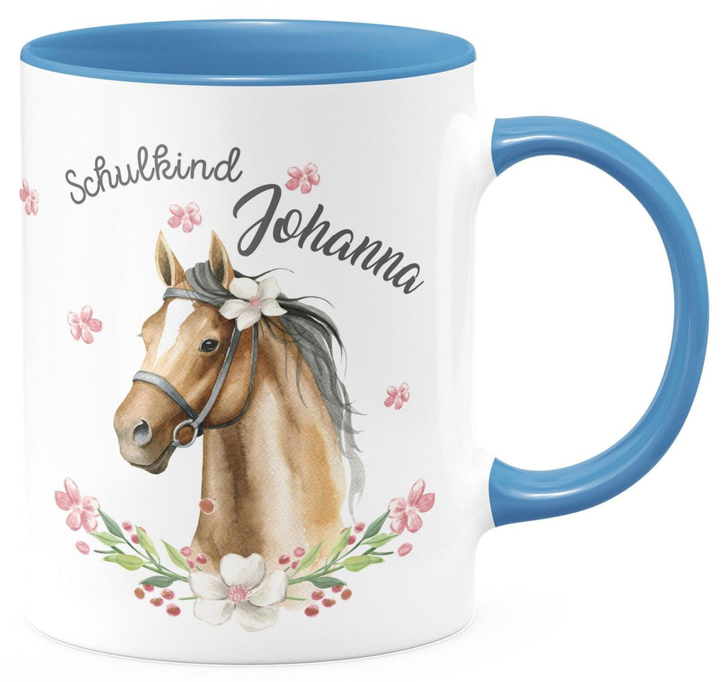 Keramik Tasse Schulkind braunes Pferd mit Blumenranke und Wunschname - von Mikalino