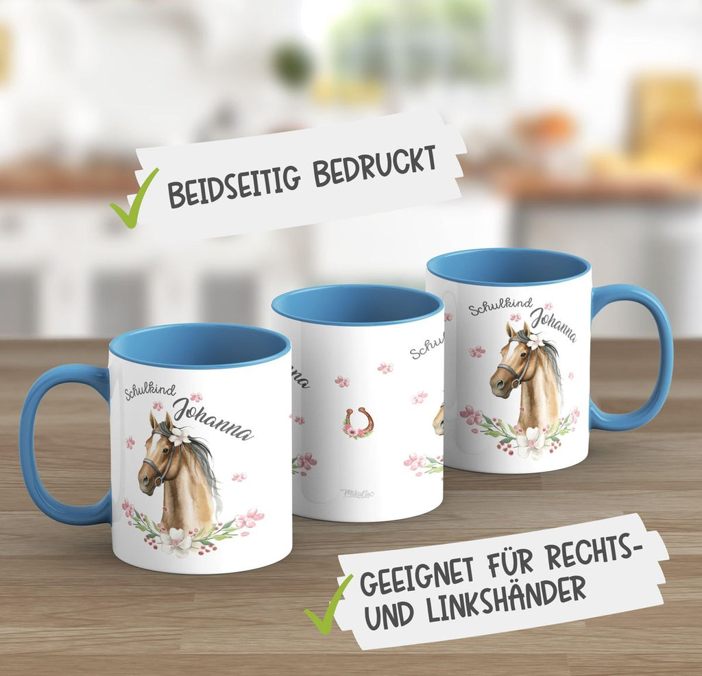 Keramik Tasse Schulkind braunes Pferd mit Blumenranke und Wunschname - von Mikalino