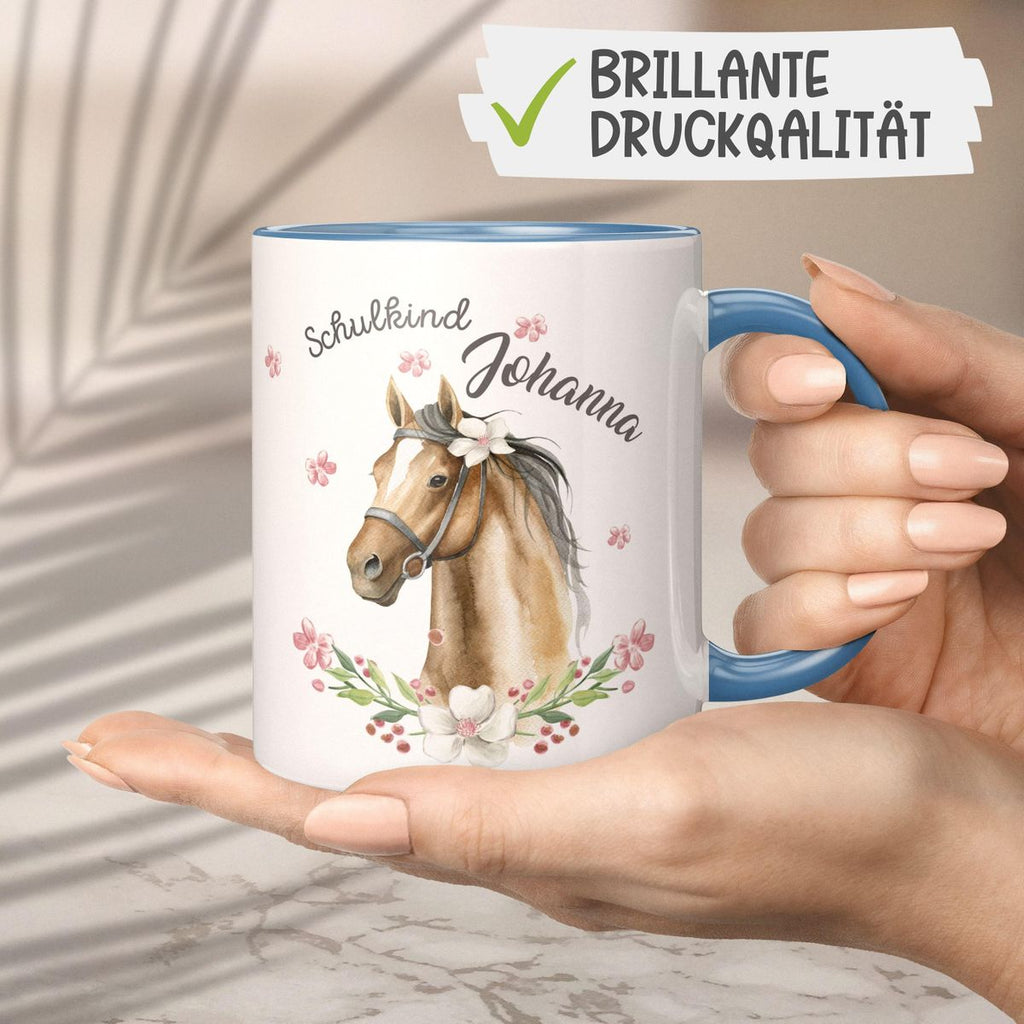 Keramik Tasse Schulkind braunes Pferd mit Blumenranke und Wunschname - von Mikalino