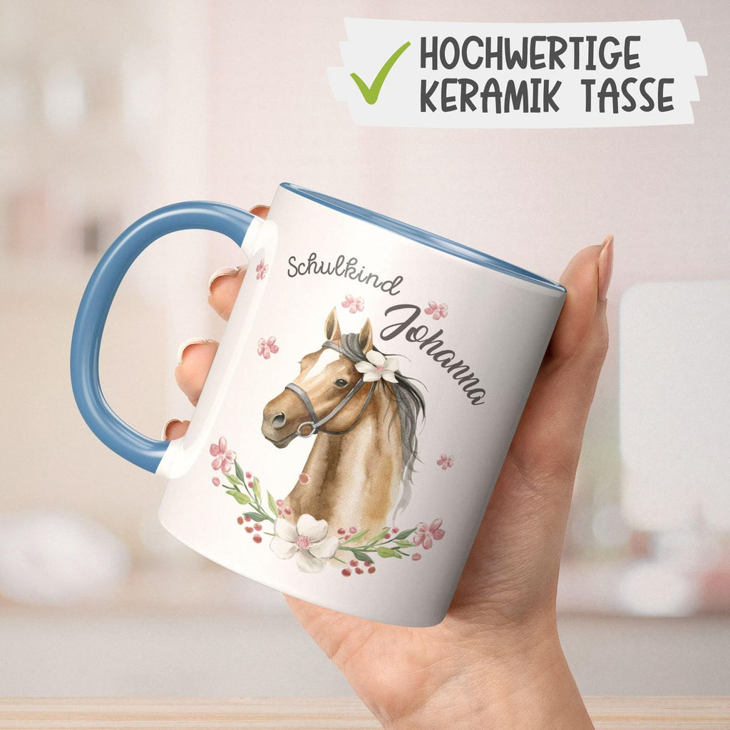 Keramik Tasse Schulkind braunes Pferd mit Blumenranke und Wunschname - von Mikalino