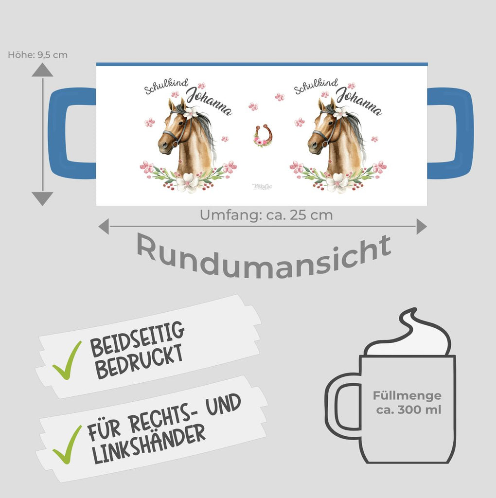 Keramik Tasse Schulkind braunes Pferd mit Blumenranke und Wunschname - von Mikalino