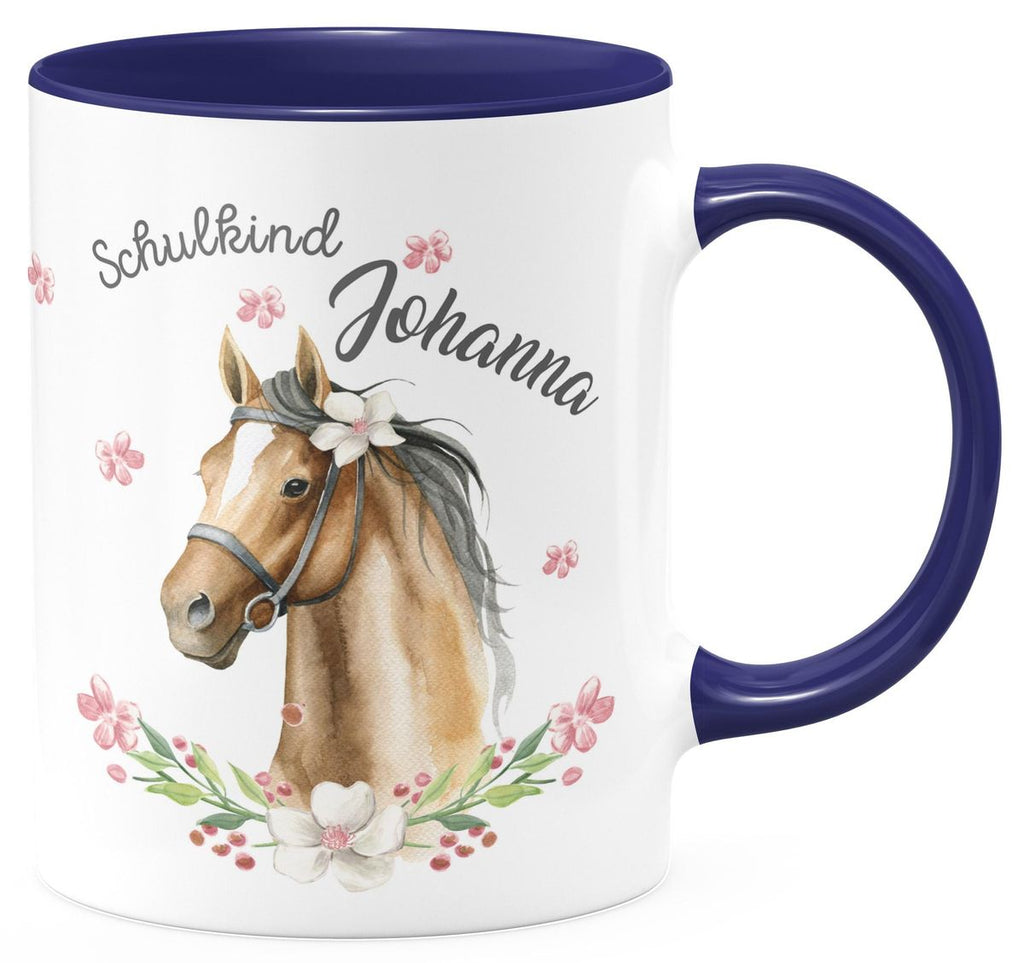 Keramik Tasse Schulkind braunes Pferd mit Blumenranke und Wunschname - von Mikalino