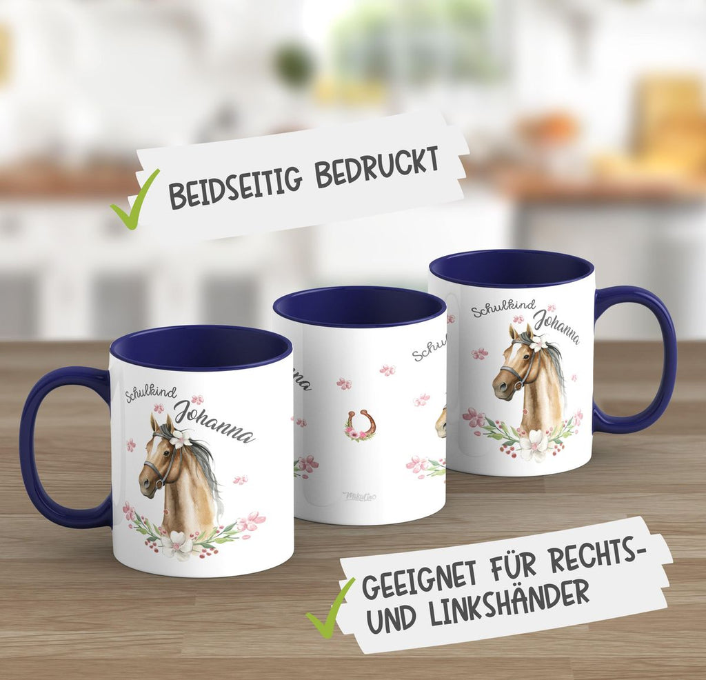 Keramik Tasse Schulkind braunes Pferd mit Blumenranke und Wunschname - von Mikalino