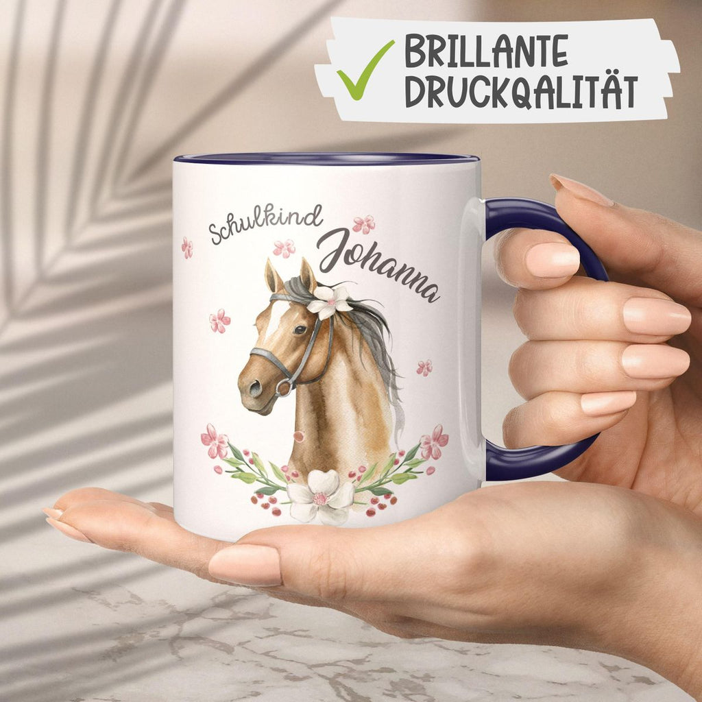 Keramik Tasse Schulkind braunes Pferd mit Blumenranke und Wunschname - von Mikalino