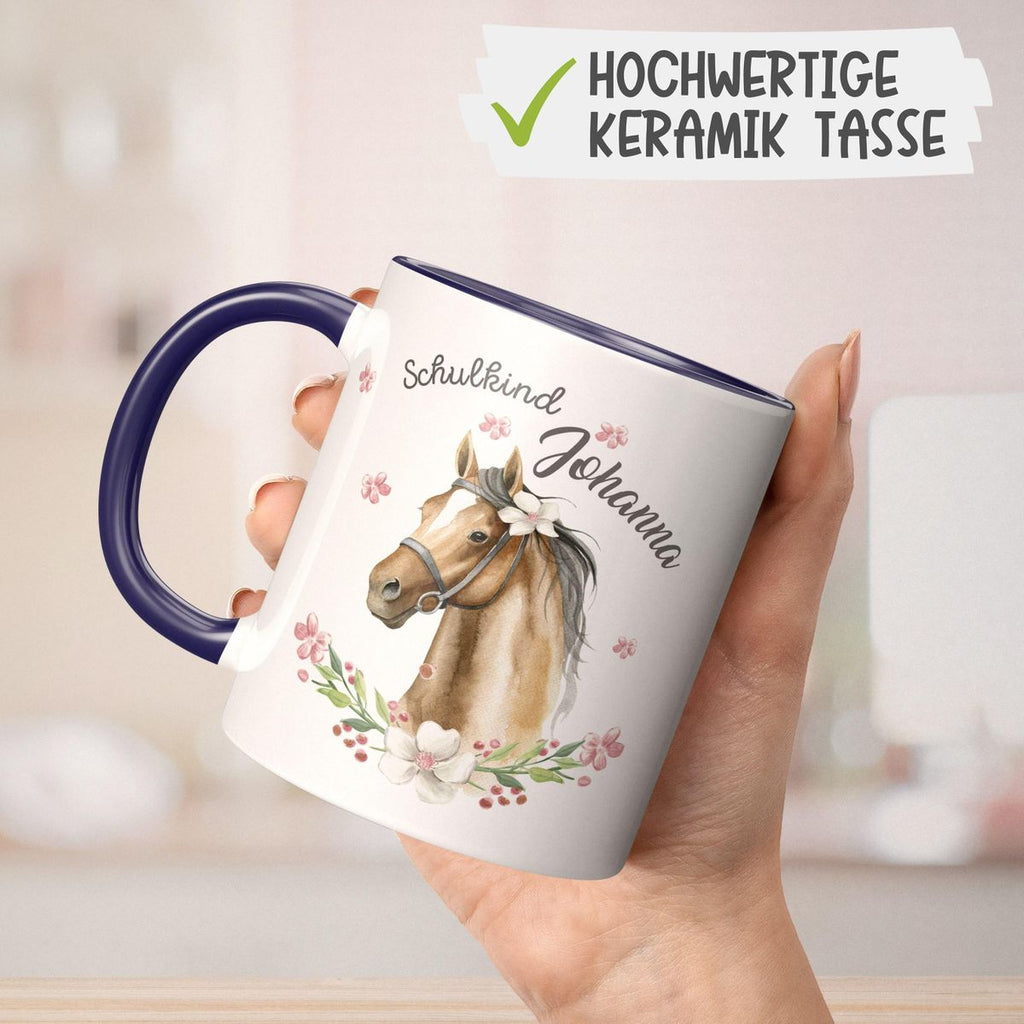 Keramik Tasse Schulkind braunes Pferd mit Blumenranke und Wunschname - von Mikalino