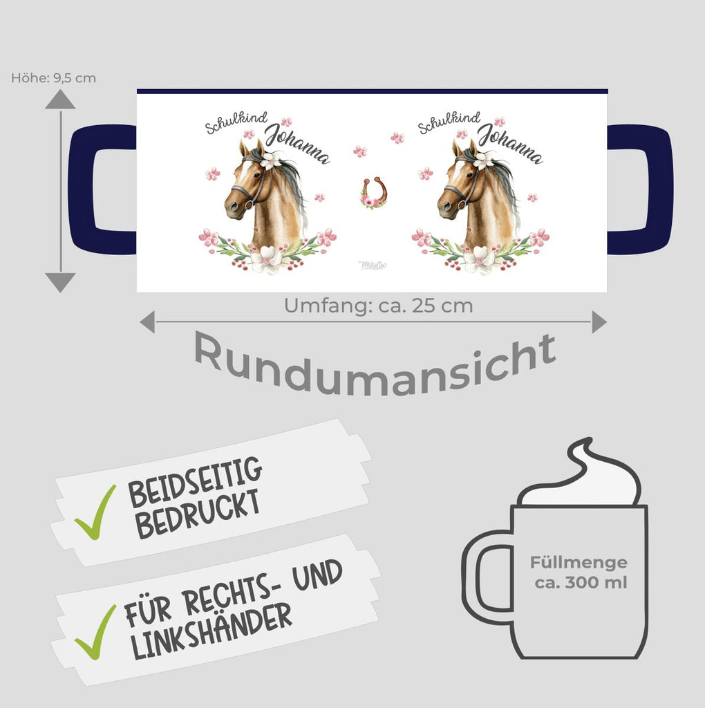 Keramik Tasse Schulkind braunes Pferd mit Blumenranke und Wunschname - von Mikalino