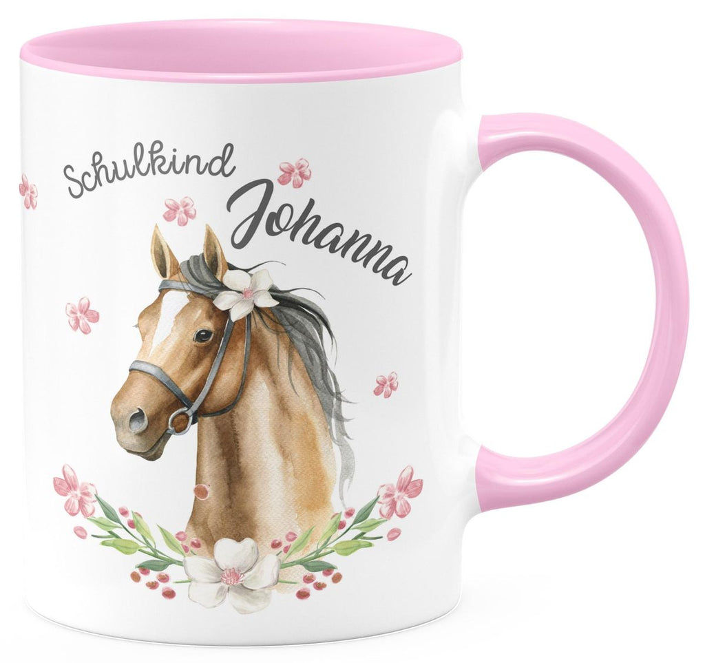 Keramik Tasse Schulkind braunes Pferd mit Blumenranke und Wunschname - von Mikalino