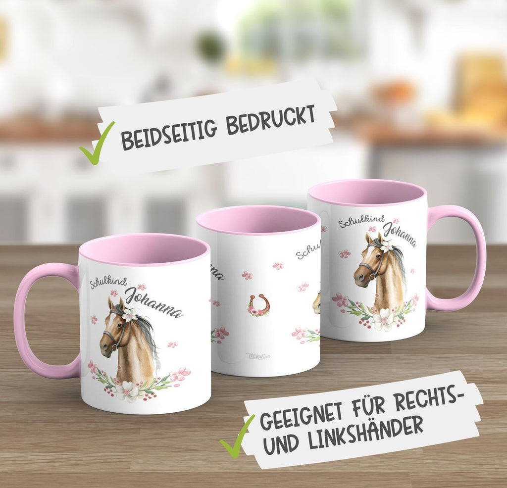 Keramik Tasse Schulkind braunes Pferd mit Blumenranke und Wunschname - von Mikalino