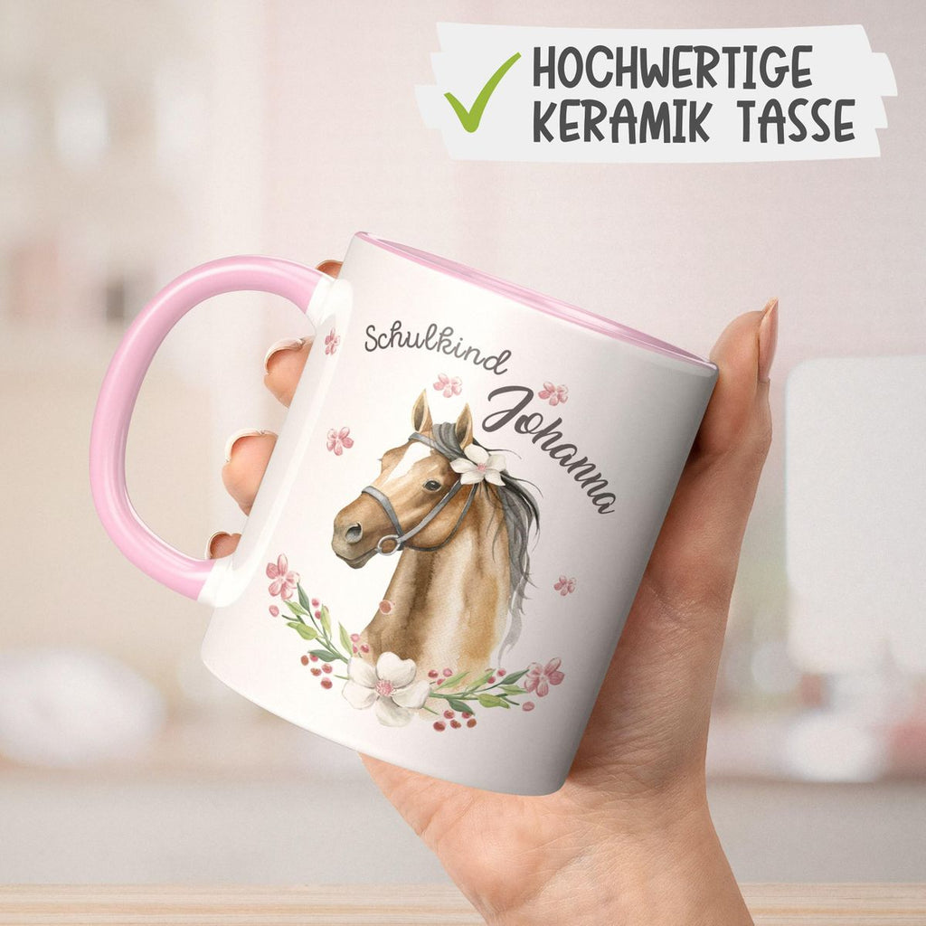 Keramik Tasse Schulkind braunes Pferd mit Blumenranke und Wunschname - von Mikalino