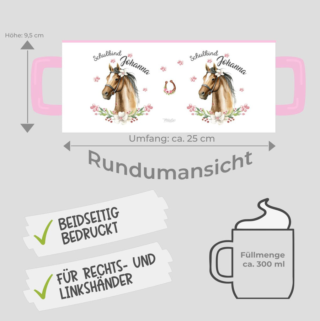 Keramik Tasse Schulkind braunes Pferd mit Blumenranke und Wunschname - von Mikalino