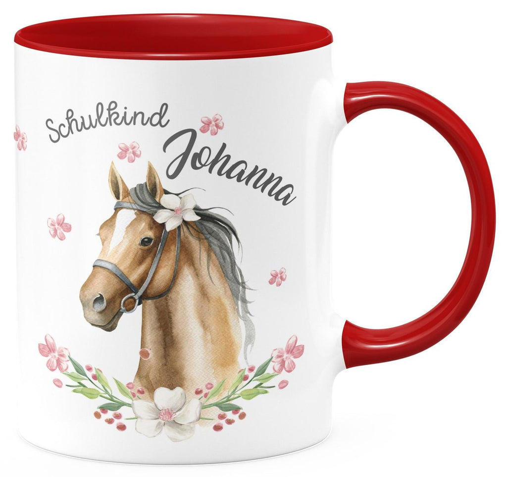 Keramik Tasse Schulkind braunes Pferd mit Blumenranke und Wunschname - von Mikalino