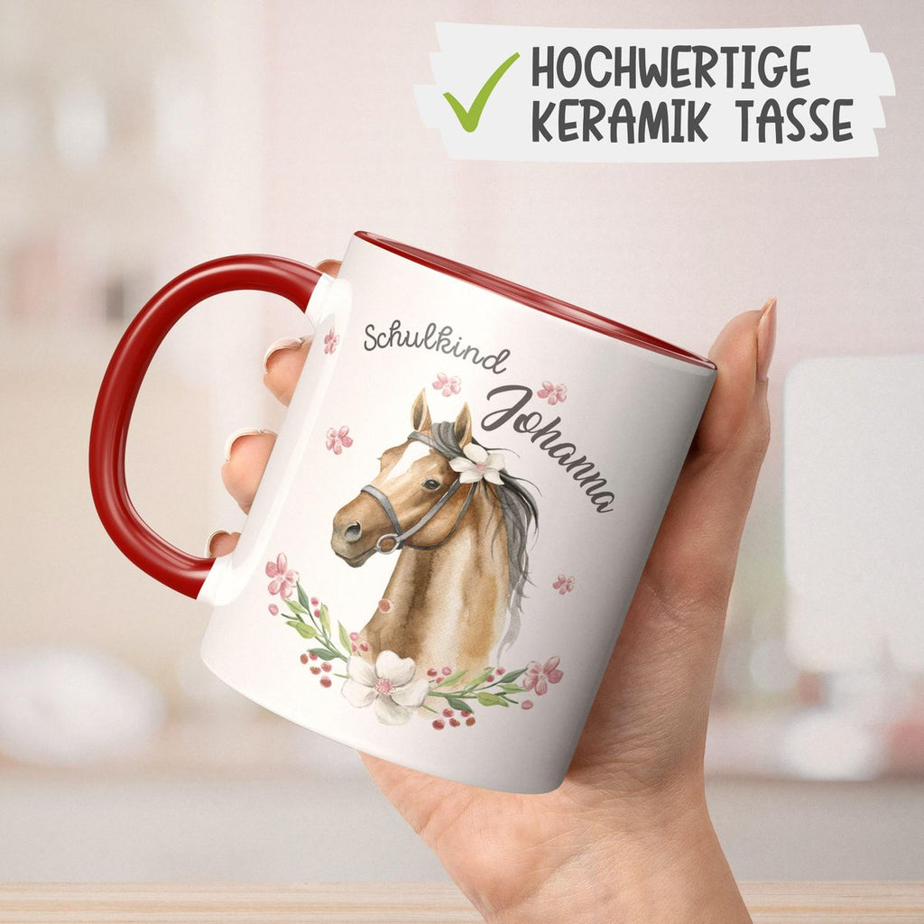 Keramik Tasse Schulkind braunes Pferd mit Blumenranke und Wunschname - von Mikalino