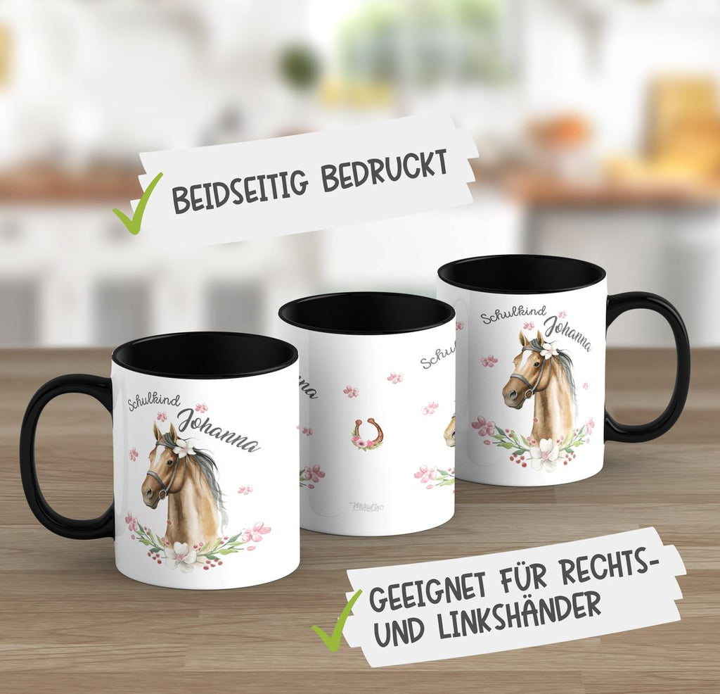 Keramik Tasse Schulkind braunes Pferd mit Blumenranke und Wunschname - von Mikalino