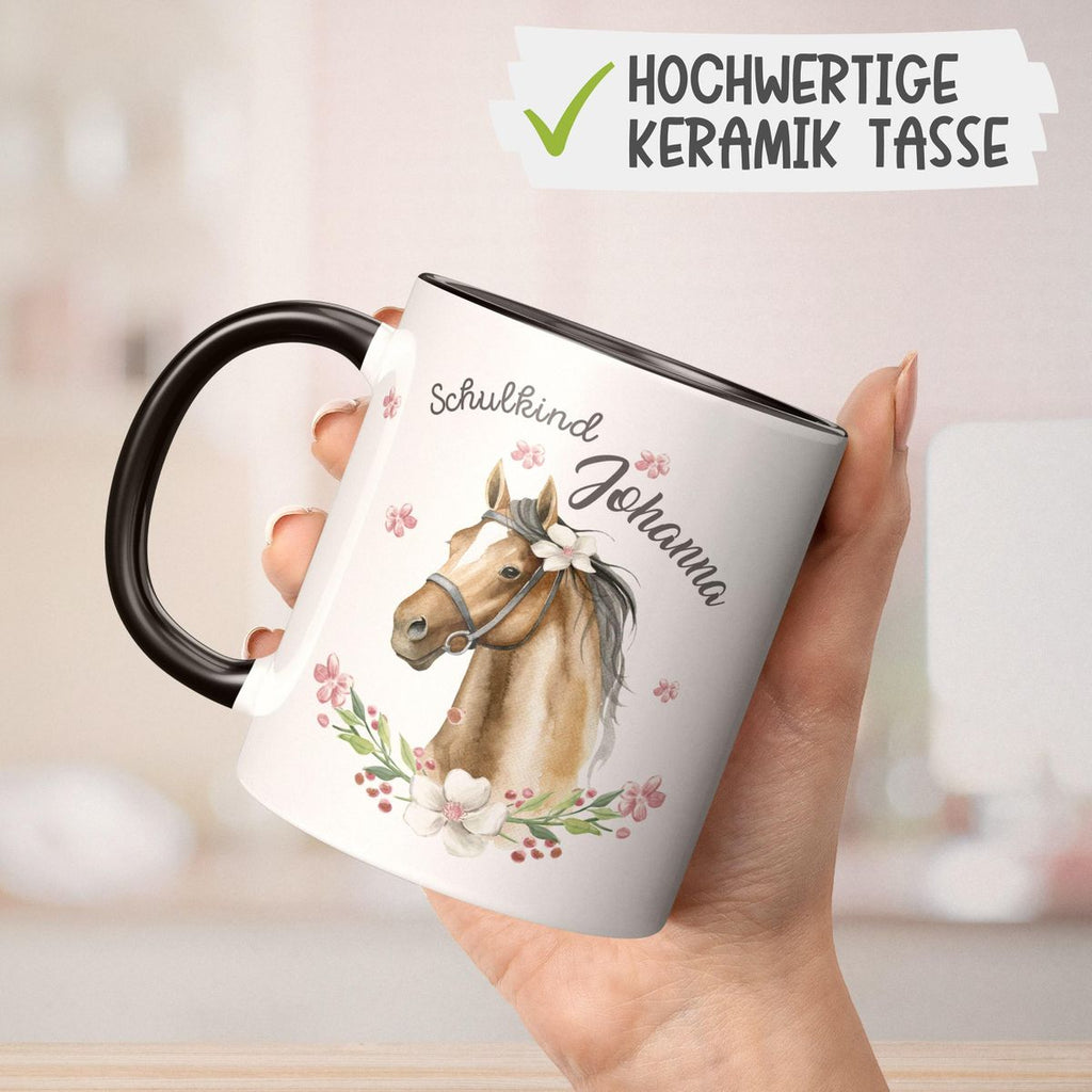 Keramik Tasse Schulkind braunes Pferd mit Blumenranke und Wunschname - von Mikalino