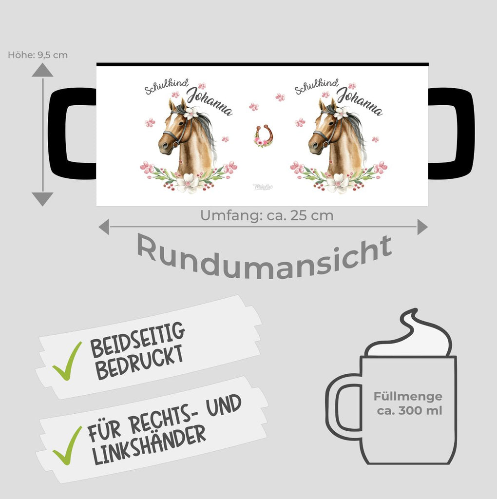 Keramik Tasse Schulkind braunes Pferd mit Blumenranke und Wunschname - von Mikalino