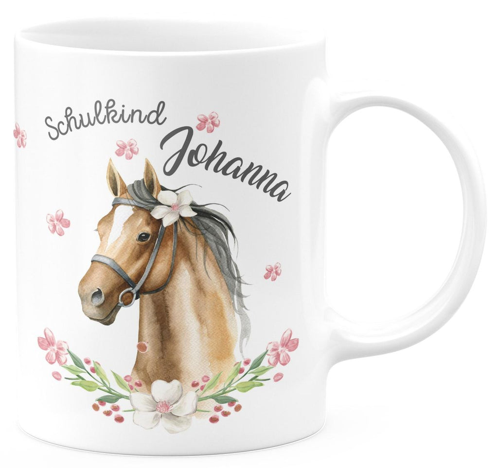 Keramik Tasse Schulkind braunes Pferd mit Blumenranke und Wunschname - von Mikalino