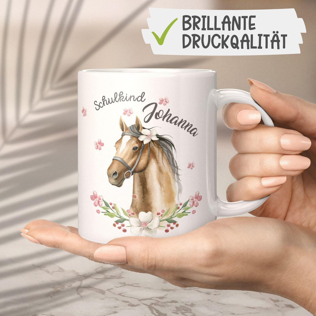 Keramik Tasse Schulkind braunes Pferd mit Blumenranke und Wunschname - von Mikalino