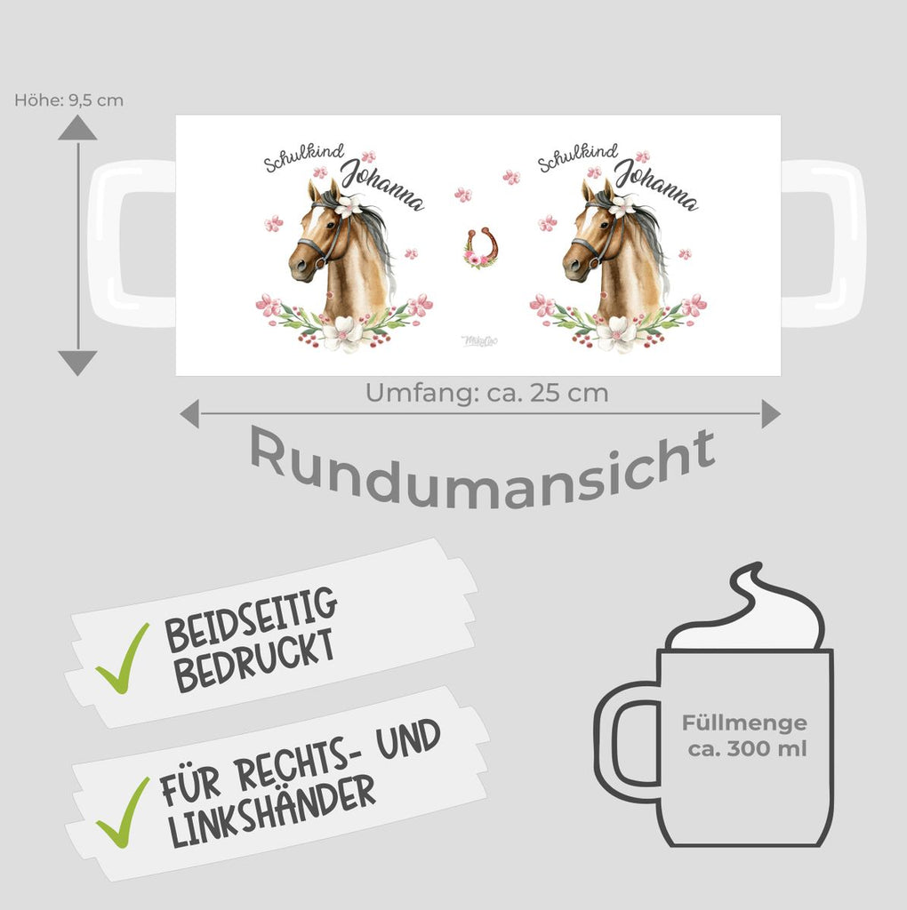 Keramik Tasse Schulkind braunes Pferd mit Blumenranke und Wunschname - von Mikalino