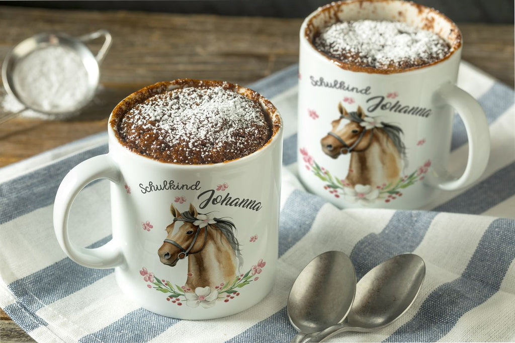 Keramik Tasse Schulkind braunes Pferd mit Blumenranke und Wunschname - von Mikalino