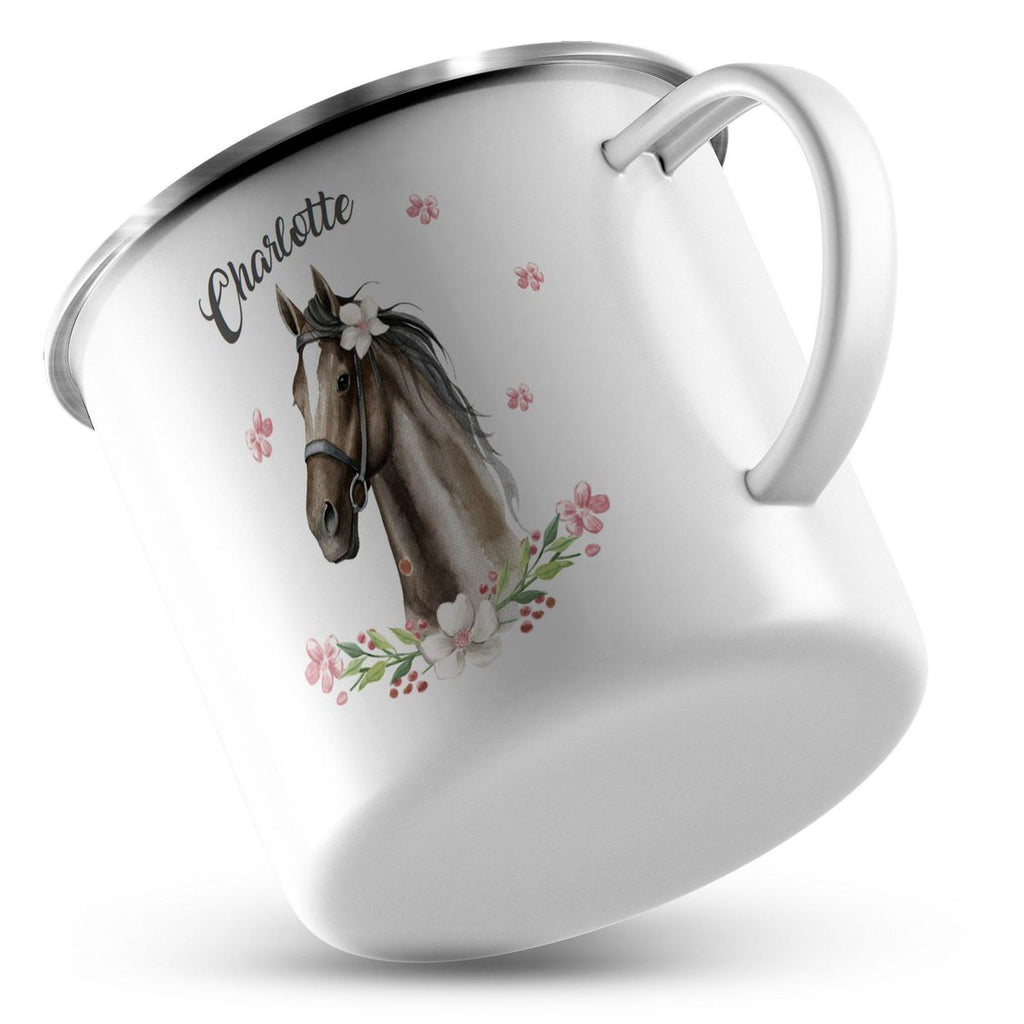 Emaille Tasse Schwarzes Pferd mit Blumenranke und Wunschname - von Mikalino