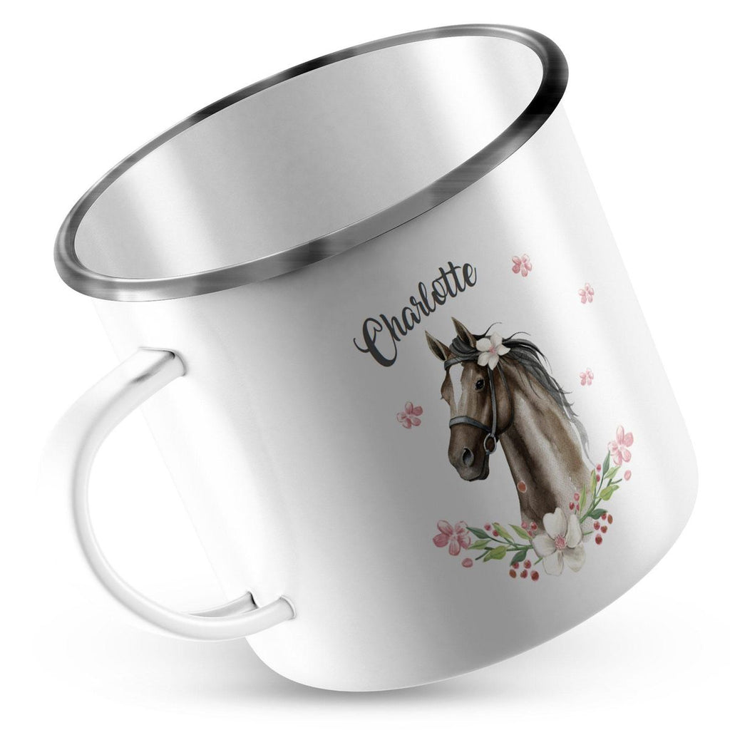 Emaille Tasse Schwarzes Pferd mit Blumenranke und Wunschname - von Mikalino