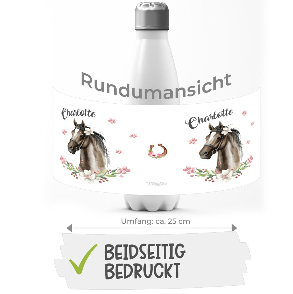 Thermo Trinkflasche Schwarzes Pferd mit Blumenranke und Wunschname - von Mikalino