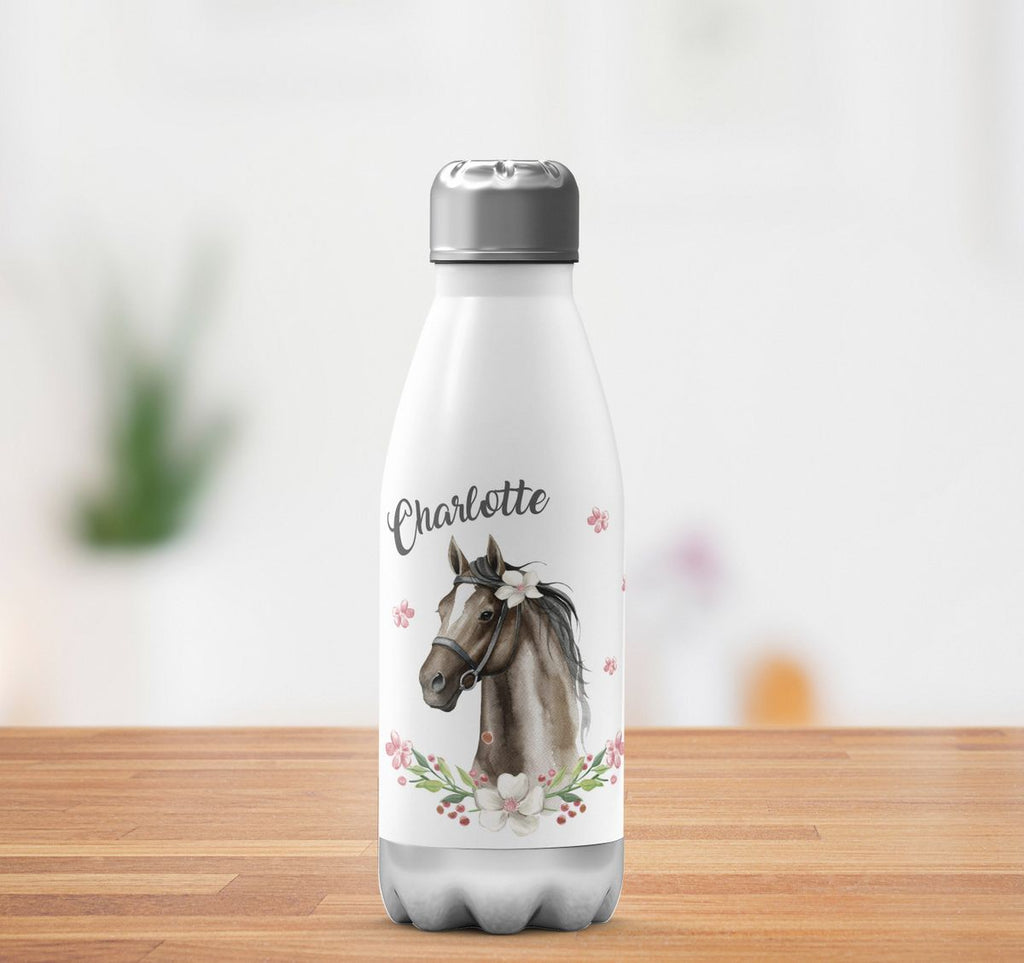 Thermo Trinkflasche Schwarzes Pferd mit Blumenranke und Wunschname - von Mikalino