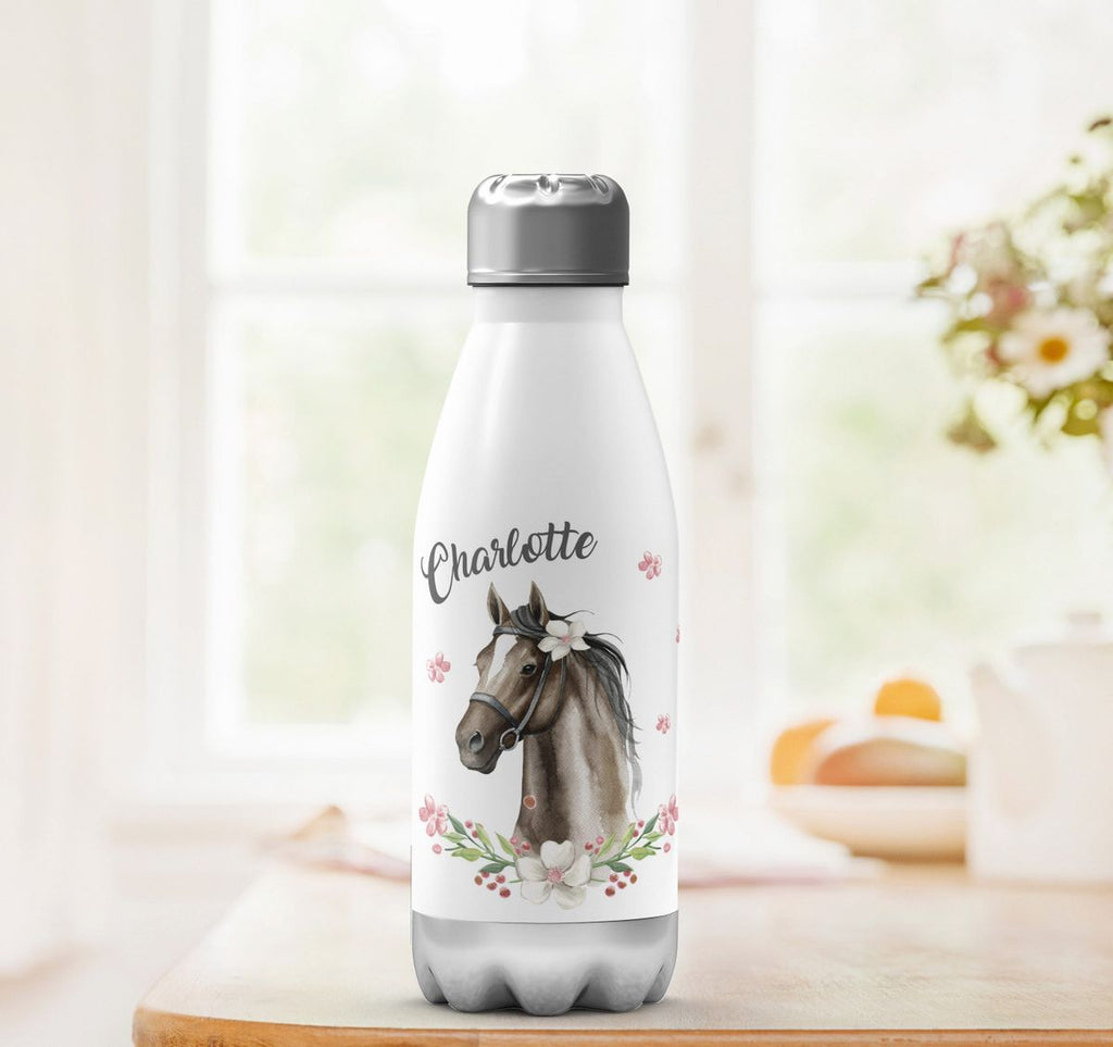 Thermo Trinkflasche Schwarzes Pferd mit Blumenranke und Wunschname - von Mikalino