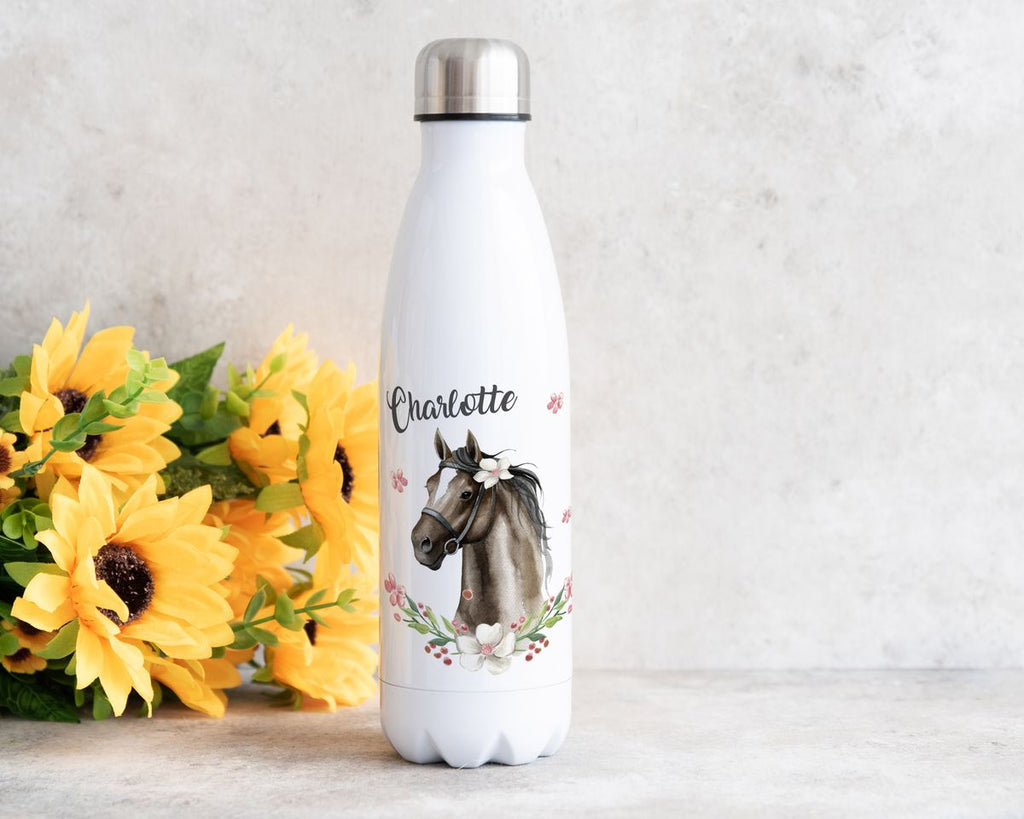 Thermo Trinkflasche Schwarzes Pferd mit Blumenranke und Wunschname - von Mikalino