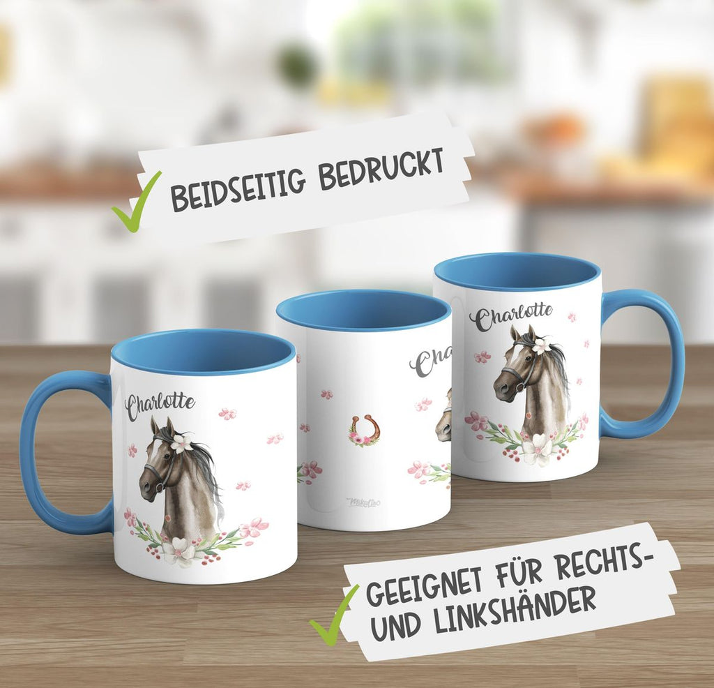 Keramik Tasse Schwarzes Pferd mit Blumenranke und Wunschname - von Mikalino