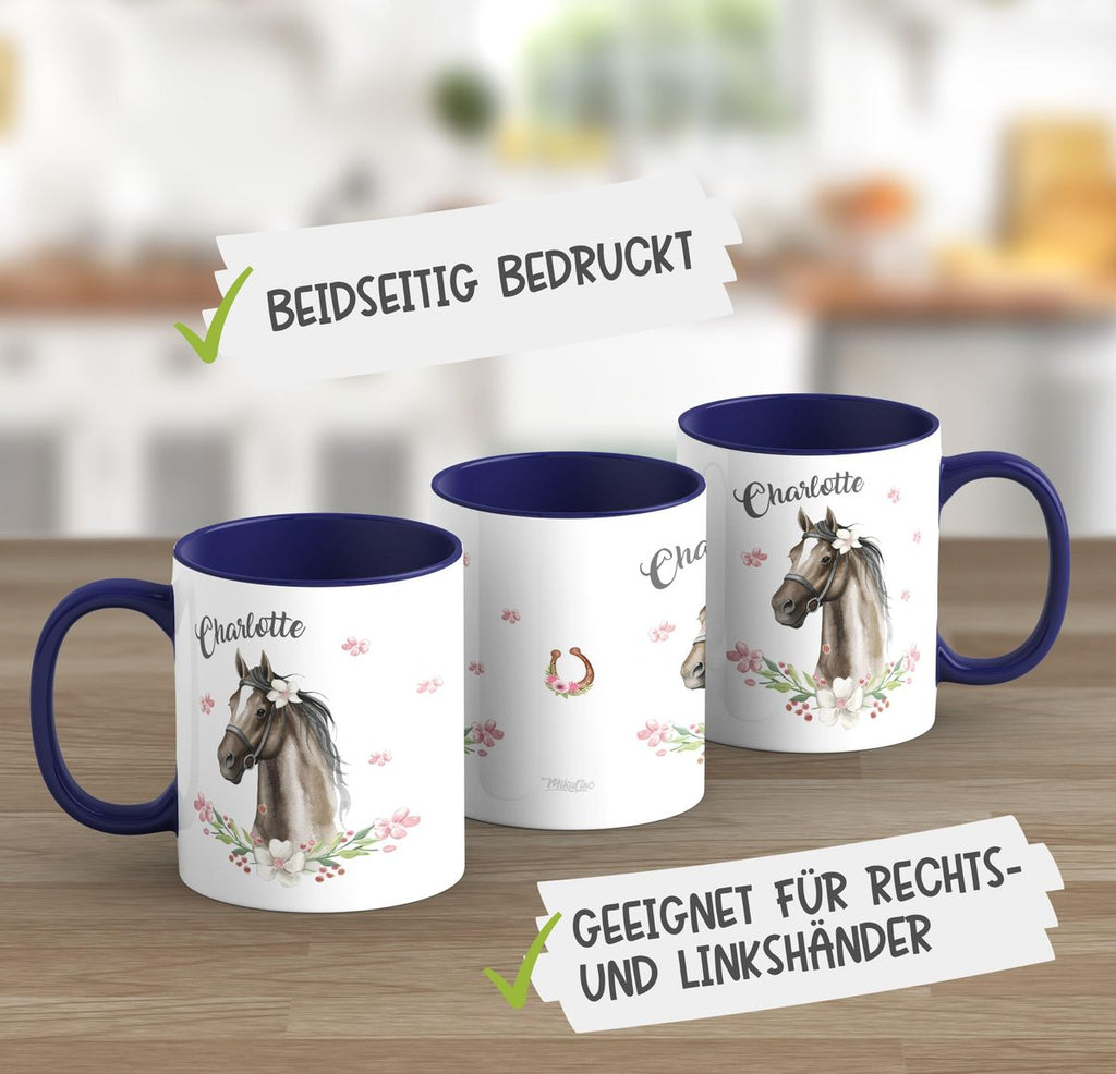 Keramik Tasse Schwarzes Pferd mit Blumenranke und Wunschname - von Mikalino