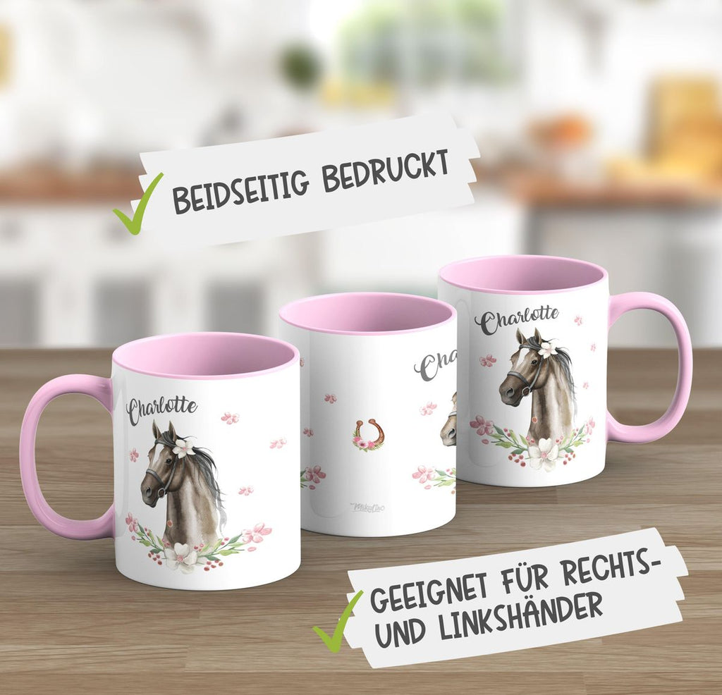 Keramik Tasse Schwarzes Pferd mit Blumenranke und Wunschname - von Mikalino