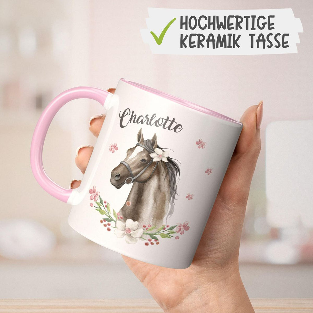 Keramik Tasse Schwarzes Pferd mit Blumenranke und Wunschname - von Mikalino