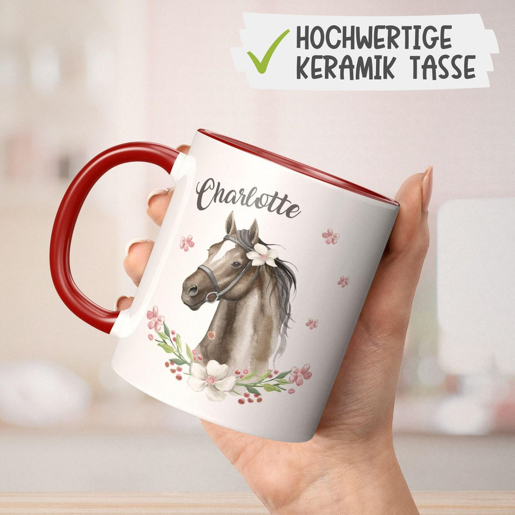 Keramik Tasse Schwarzes Pferd mit Blumenranke und Wunschname - von Mikalino