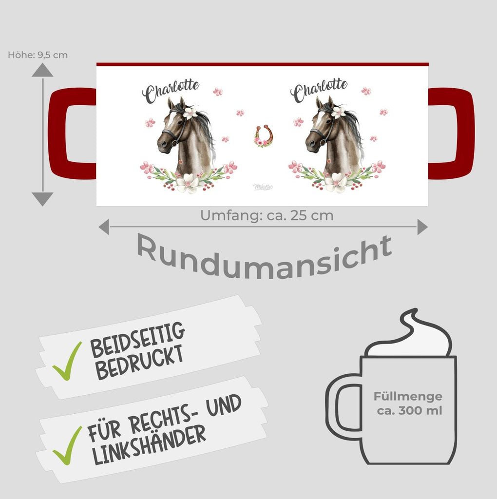 Keramik Tasse Schwarzes Pferd mit Blumenranke und Wunschname - von Mikalino