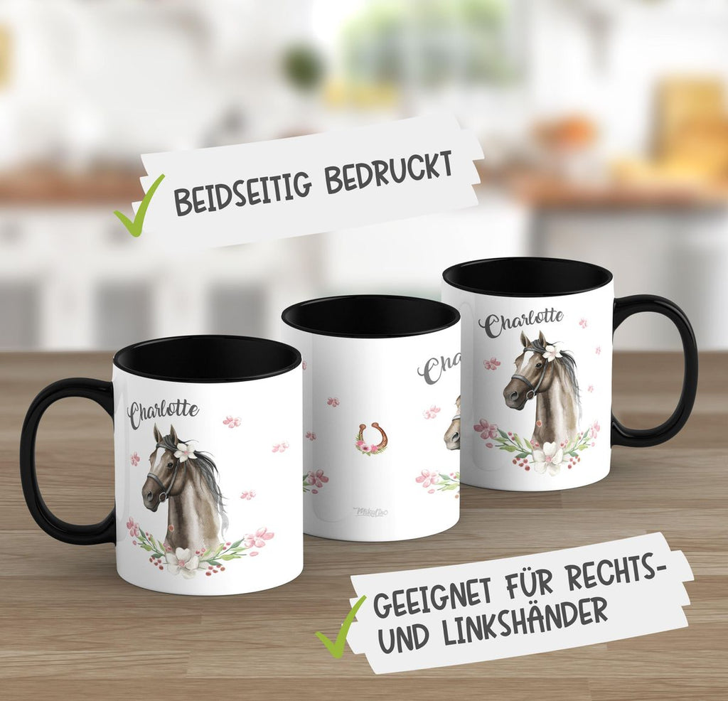 Keramik Tasse Schwarzes Pferd mit Blumenranke und Wunschname - von Mikalino