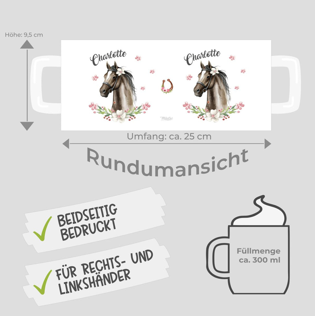 Keramik Tasse Schwarzes Pferd mit Blumenranke und Wunschname - von Mikalino