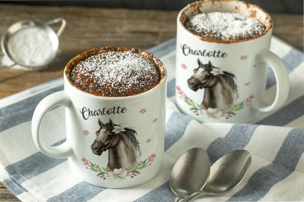 Keramik Tasse Schwarzes Pferd mit Blumenranke und Wunschname - von Mikalino