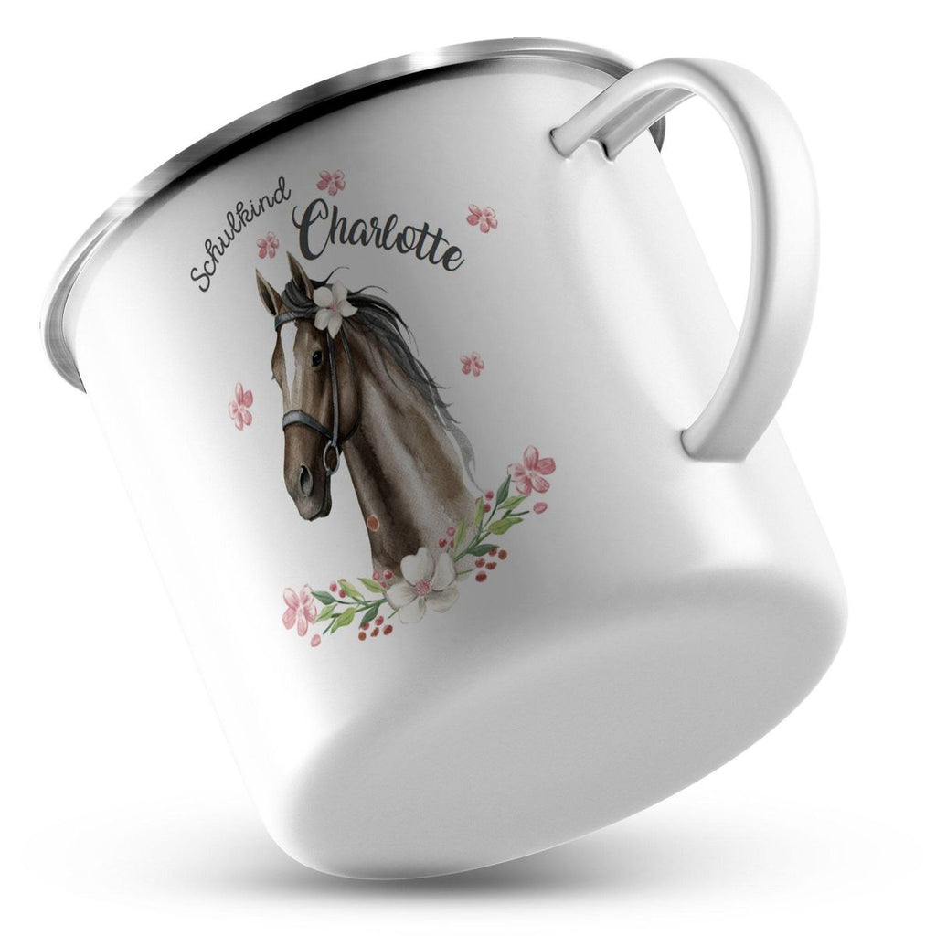 Emaille Tasse Schulkind schwarzes Pferd mit Blumenranke und Wunschname - von Mikalino