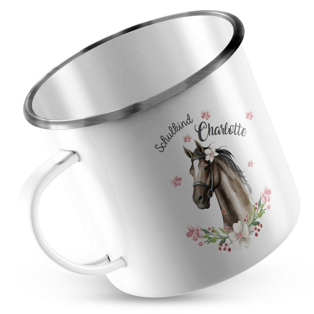 Emaille Tasse Schulkind schwarzes Pferd mit Blumenranke und Wunschname - von Mikalino