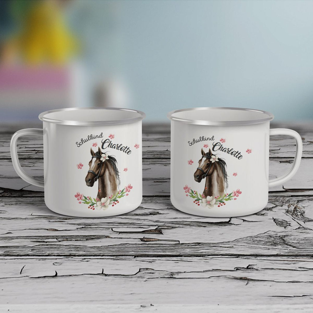 Emaille Tasse Schulkind schwarzes Pferd mit Blumenranke und Wunschname - von Mikalino