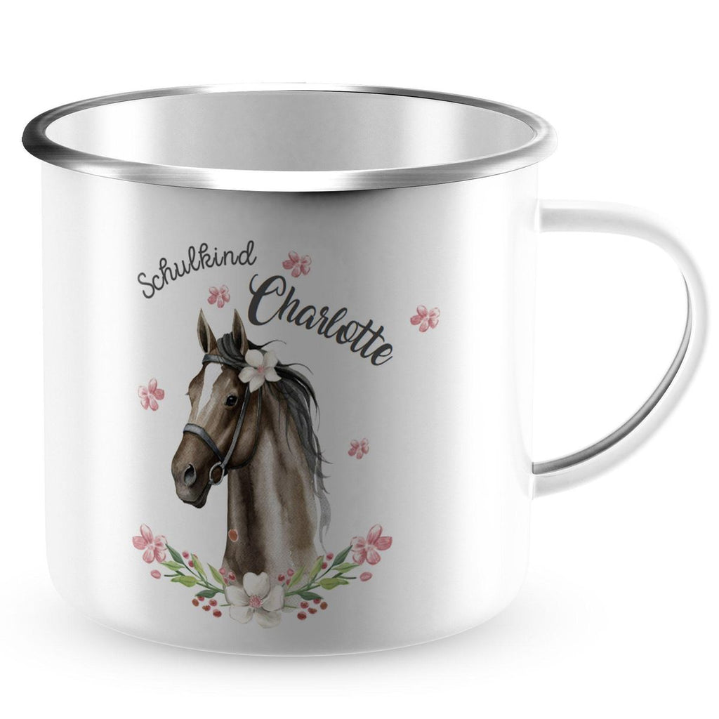 Emaille Tasse Schulkind schwarzes Pferd mit Blumenranke und Wunschname - von Mikalino