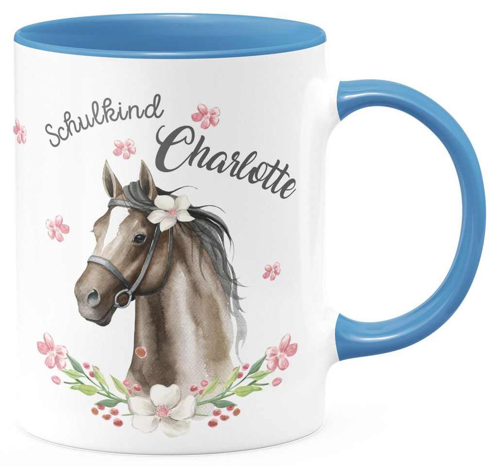 Keramik Tasse Schulkind schwarzes Pferd mit Blumenranke und Wunschname - von Mikalino