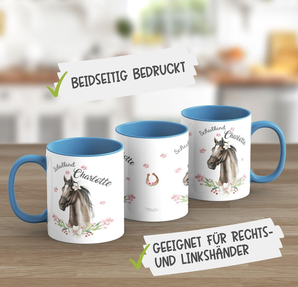 Keramik Tasse Schulkind schwarzes Pferd mit Blumenranke und Wunschname - von Mikalino